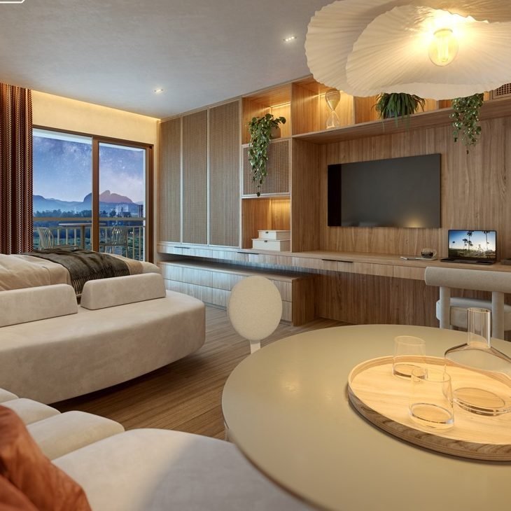 Interior do studio do Living Full 24h, empreendimento na Barra Olímpica, Rio de Janeiro